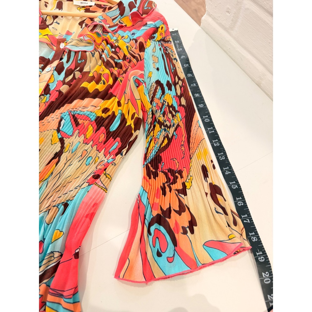 Nicola Women Butterfly‎ Print Plisse Pleated Blouse Pink Blue Y2K Bell Sleeve L - Picture 10 of 12